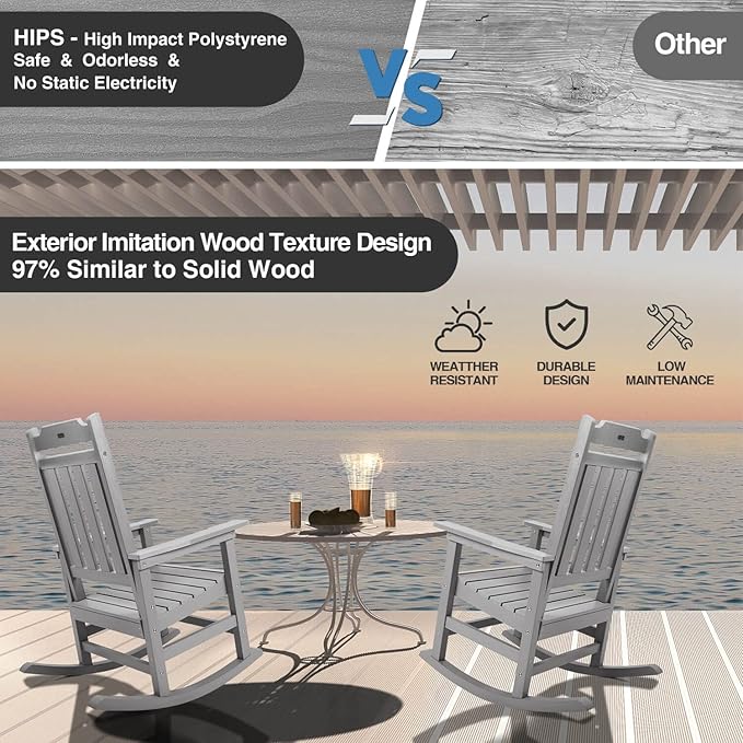 Rocking Chair, All Weather Resistant Poly Lumber Outdoor Porch Rocker, Rocking Chairs for Outdoor, Indoor, Patio, Deck, Garden, Backyard, Load Bearing 380 lbs - Grey