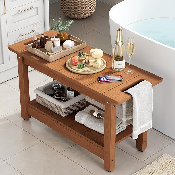 Stoog 24" Shower Bench, Waterproof Shower Stool for Shaving Legs, Adjustable and Non-Slip Feet, Shower Chair for Inside Shower, Brown