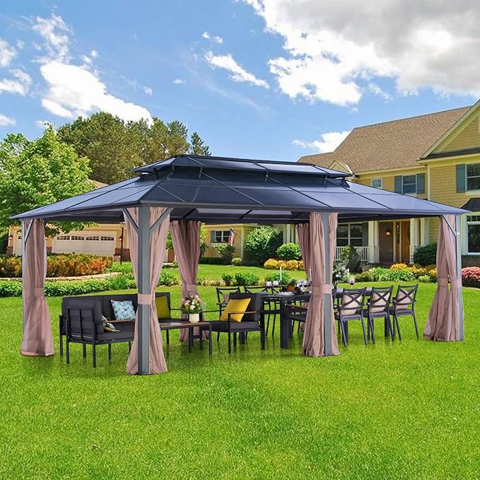 LeDoasis Nebula 12'x20' Outdoor Hardtop Gazebo, Permanent Aluminum Patio Gazebo, Polycarbonate Double Roof Canopy, Breathable Netting & Privacy Curtain Included，for Patio Lawn and Garden,Parties