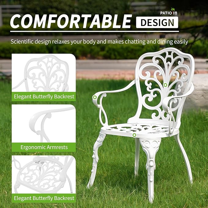 3 Piece Patio Bistro Set Cast Aluminum Bistro Table Set,All Weather Outdoor Dining Set with Umbrella Hole for Porch, Lawn, Garden, Backyard, Pool (White)