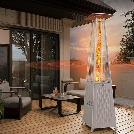 EAST OAK Pyramid Patio Heater, 48,000 BTU Outdoor Patio Heater, Quartz Glass Tube Propane Heater for Commercial & Residential, Triple Protection System, With Wheels, 2024 Upgrade, Champagne White