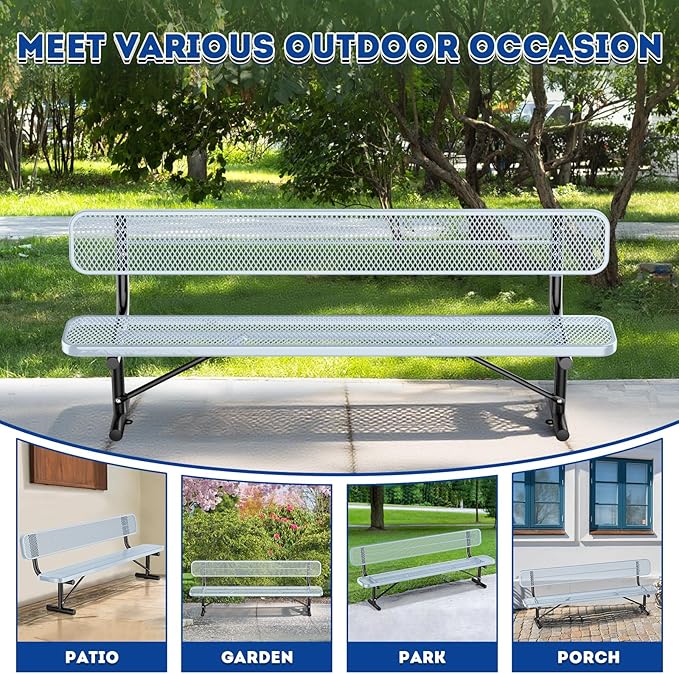 Heavy Duty Park Bench for Outside, Metal Park Bench with Back Portable Frame, Outdoor Steel Mesh Garden Bench with Backrest for Garden, Lawn, Patio, Porch, Park, Yard (Grey, 8FT/95INCH)