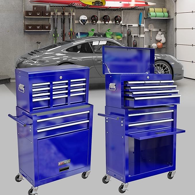 8 Drawers Rolling Tool Box Organizer,High Capacity Tool Chest with Wheels,Lockable Rolling Tool Chest with Bottom Cabinet, Tool Box Rolling Workshop Storage Cabinet (8 Drawers(Blue))