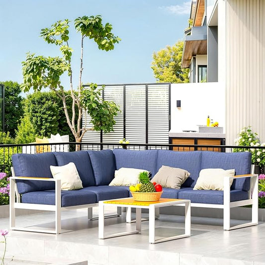 Aluminum Patio Furniture Set, All-Weather Outdoor Couch Sectional, L Shaped Patio Conversation Sets, Metal Corner Sofa with Teak Coffee Table (Cushion: Blue., White Frame)