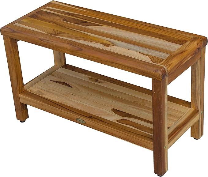 EcoDecors Eleganto 30 Inch Natural Color Waterproof Teak Wood Shower Bench Stool Seat Chair For Inside Shower Provides Safety, Storage, and Organization For Bathroom Accessories
