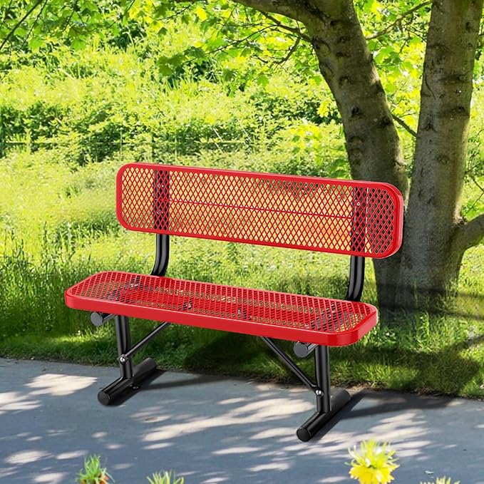 Heavy Duty Park Bench for Outside, Metal Park Bench with Back Portable Frame, Outdoor Steel Mesh Garden Bench with Backrest for Garden, Lawn, Patio, Porch, Park, Yard (Red, 4FT/50INCH)