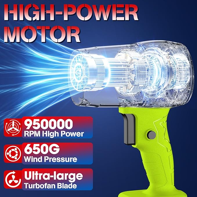 Leaf Blower with 21V*2 Pcs Batteries, 950000RPM Powerful Fan, High Variable Speed 200 MPH, Handheld Air Blower, Perfect for Car Drying, Patio Cleaning, Lawn Caring, Leaves Blowing (Green)