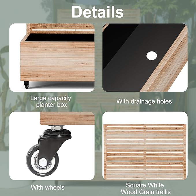 Large Metal Planter Box with Trellis and Wheels for Climbing Plants, Flower Garden Beds with Privacy Screen & Drainage Holes for Patio (47" L, Square White Wood Grain)