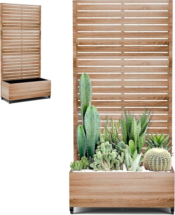 Metal Planter Box with Trellis Privacy Screen, Outdoor Raised Garden Beds with Wheels & Drainage Holes (35" L, Brown Oak Grain)