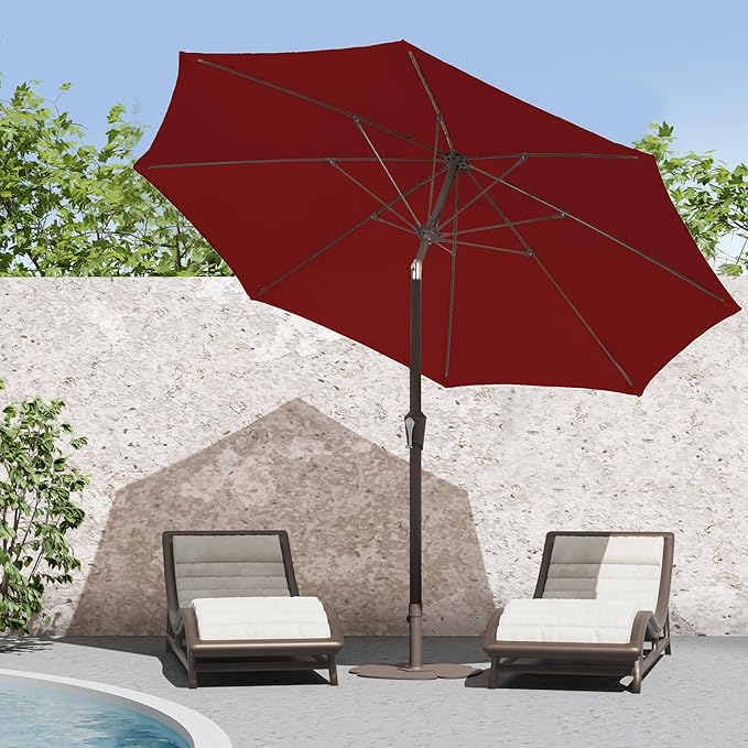 PatioKingdom 9FT Patio Outdoor Umbrella-UPF 50+ Sun Shade with Wind Vent, Push-Button Tilt & Smooth Crank Lift, Rust-Resistant Fiberglass Frame for Garden, Backyard,Yard (Red, 9FT)