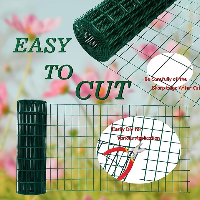 Green Metal Garden Fence, 60inch(H) x 100ft(L), 2 inch x 4 inch,12.5GA 2/3/4/5/6 Ft Tall Chicken Wire PVC Coated Welded Wire Mesh Roll for Dogs Border Yard Vegetable Plant Protection Poultry Netting