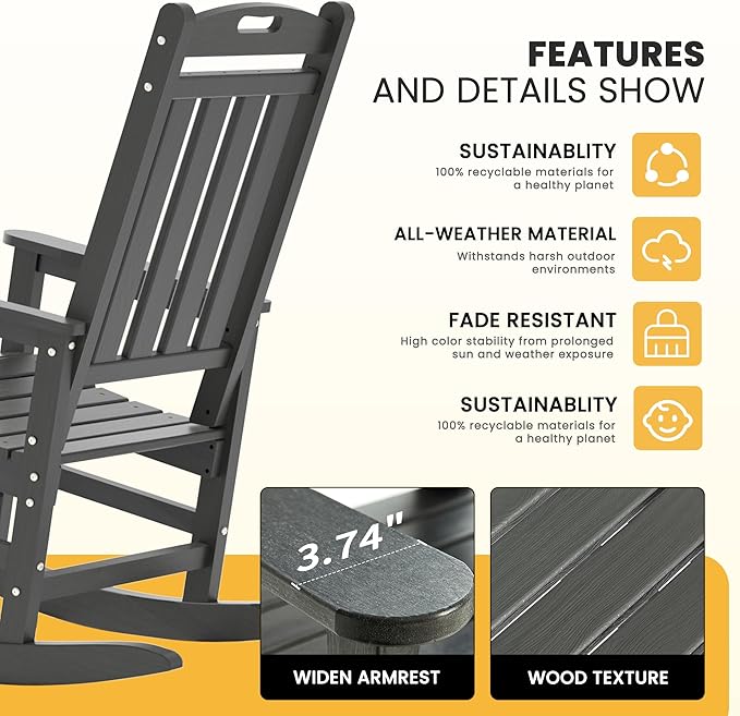 LOUNZY Outdoor Rocking Chair with Footboards Set of 8, HDPE Rocking Chair Patio Porch Rocker with 380lbs Support for Adult, Grey