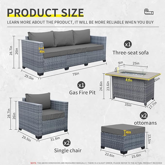 6 Pieces Wicker Patio Furniture Sets Outdoor Conversation Set PE Rattan Sectional Sofa Couch with 45" Fire Pit Table and Grey Cushions