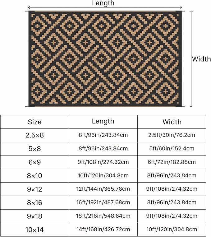 GENIMO 5'x8' Outdoor Rug Waterproof for Patio Decor, Reversible Plastic Straw Rug Carpet, Camping Mats for Outdoor, RV, Backyard, Deck, Balcony, Picnic, Light Black & Brown