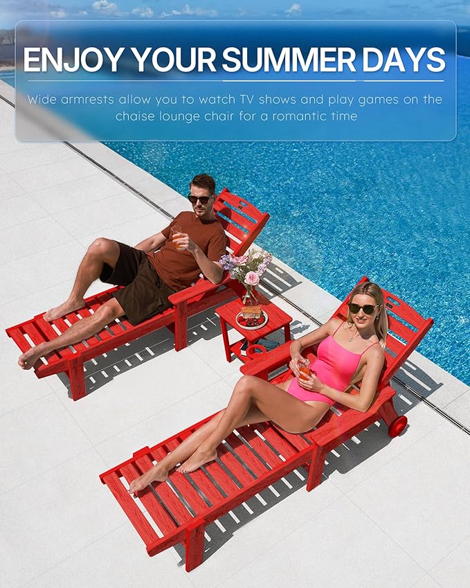 Chaise Lounge Chair Outdoor with Wheels, Oversize Patio Lounge Chairs with Wood Texture, 5-Position Plastic Lounge Chairs for Poolside, Patio, Deck, Beach(Red)
