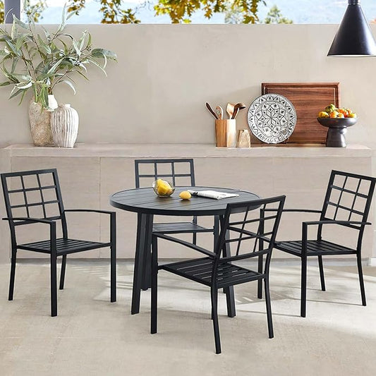 5 Piece Outdoor Dining Set, Patio Dining Set for 4, 42" Black Round Table with 4 Armrest Black Metal Outdoor Dining Chairs for Lawn, Garden, or Porch