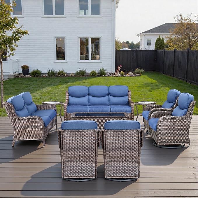 Outdoor Swivel Rocker Patio Chairs Set of 9 with 5" Thick Cushions ,9 Piece Furniture Set with Fire Pit Table All Weather Wicker Conversation Set for Porch Deck - Brown Wicker | Blue Cushions