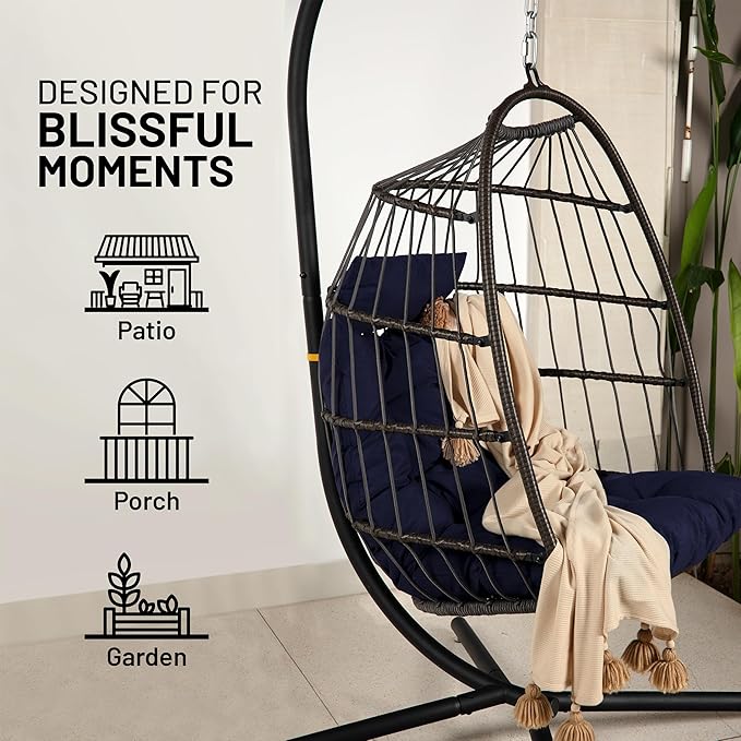 SereneLife Deep Blue Foldable Hanging Egg Chair with Stand Rattan Wicker Outdoor Indoor Swing Seat Waterproof Cushion & Headrest Heavy Duty Steel Frame 350 lb Capacity Hammock for Patio Porch Garden