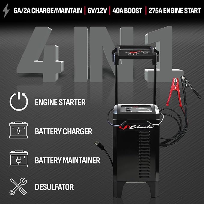 Schumacher Electric Wheeled Automatic 6A Car Battery Charger and 275A Engine Starter, 6-in-1 Solution, Maintainer, 40A Boost, for 6V/12V Power Sport, Automotive, and Marine Batteries, SC1326