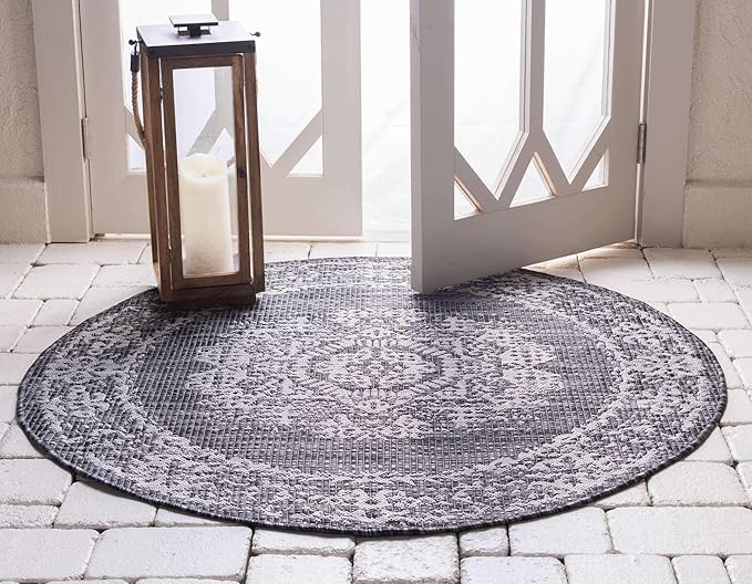 Unique Loom Outdoor Traditional Collection Area Rug - Timeworn (4' 1" Round, Charcoal Gray/ Gray)
