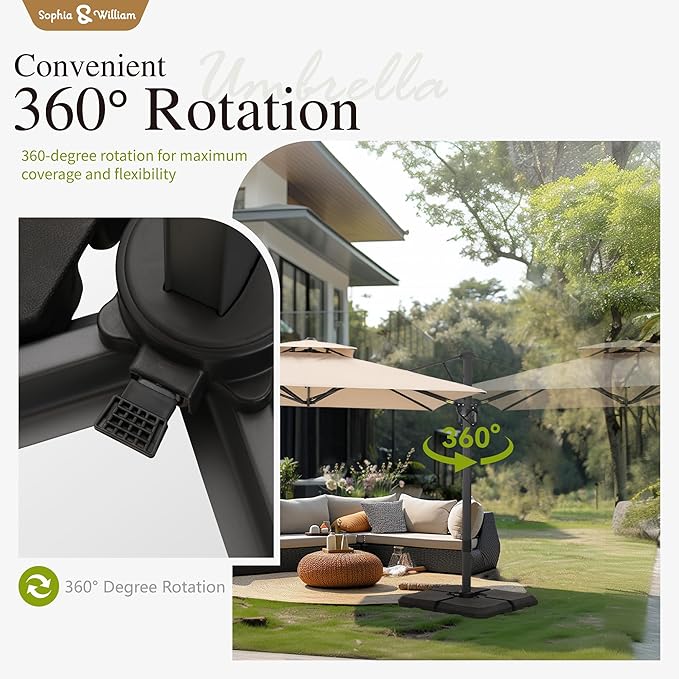 Sophia & William 12ft Cantilever Patio Umbrella with Base, Large Rectangular Umbrellas with 360-degree Rotation, Aluminum Pole for Garden Pool Backyard, Beige