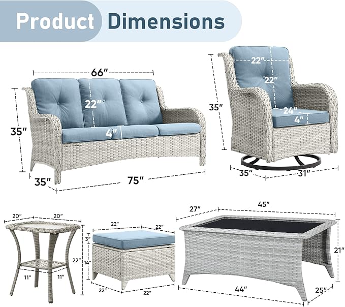 Wicker Patio Furniture-7 Pieces Rattan Patio Furniture Set Outdoor Patio Couch with Swivel Patio Chairs Ottomans and Coffee Table for Deck Poolside Backyard-Light Grey/Light Blue