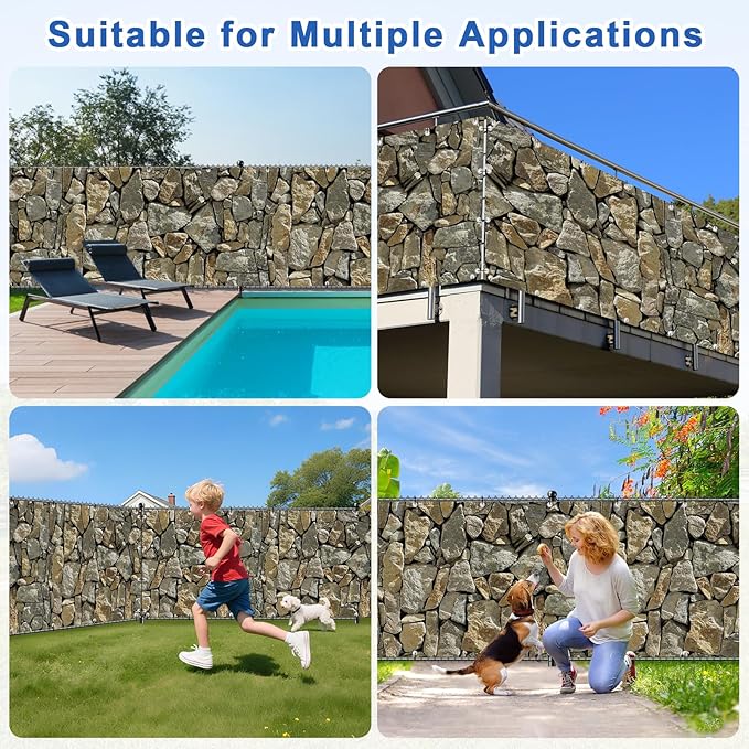 UPGRADE 3'x44'Customized PVC Privacy Fence Screen with Stone Wall Print – Outdoor Waterproof Patio Privacy Cover for Yard, Balcony, Garden Fence Decoration