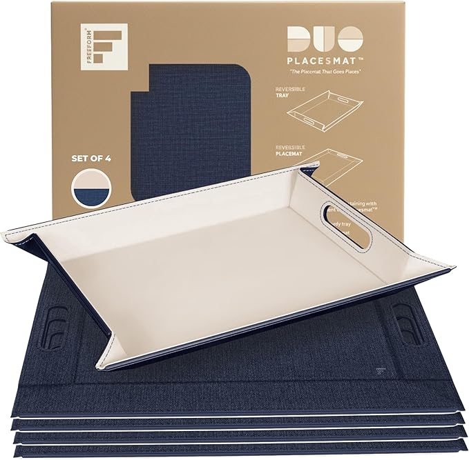 DUO PLACEsMAT Faux Leather Placemat & Serving Tray | Reversible Design, Lays Flat, Easy to Clean & Store | Indoor-Outdoor Dining, Ottoman, Entertaining & Gift, 18” x 14” (Fabric Blue & Ivory)