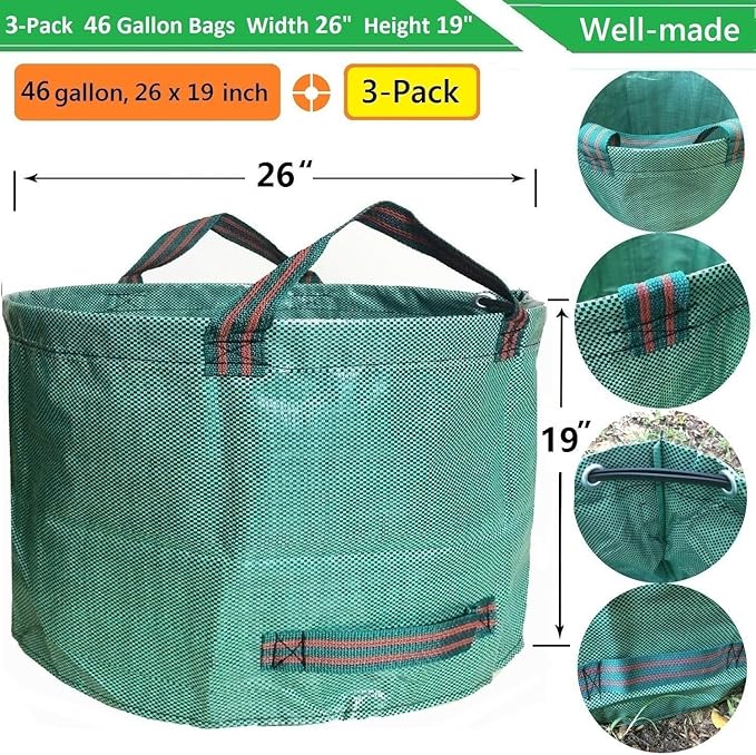Standard 3-Pack 46 Gallon Yard Garden Bags (D26, H19 inch) W/Garden Gloves for Leaf Bags,Yard Waste Bags,Camping Waste Bin,Recycling Bag,Laundry Bag,Lawn Debris,Grass Clippings,Weeds Barrel 4 Handles