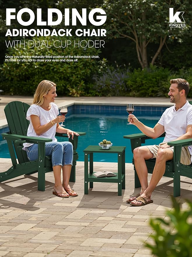 KINGYES Folding Adirondack Chair Set of 4, Dual Cup Holders & All-Weather HDPE, Wood-Like Patio Chair for Backyard, Camping, Pool & Fire Pit, Dark Green