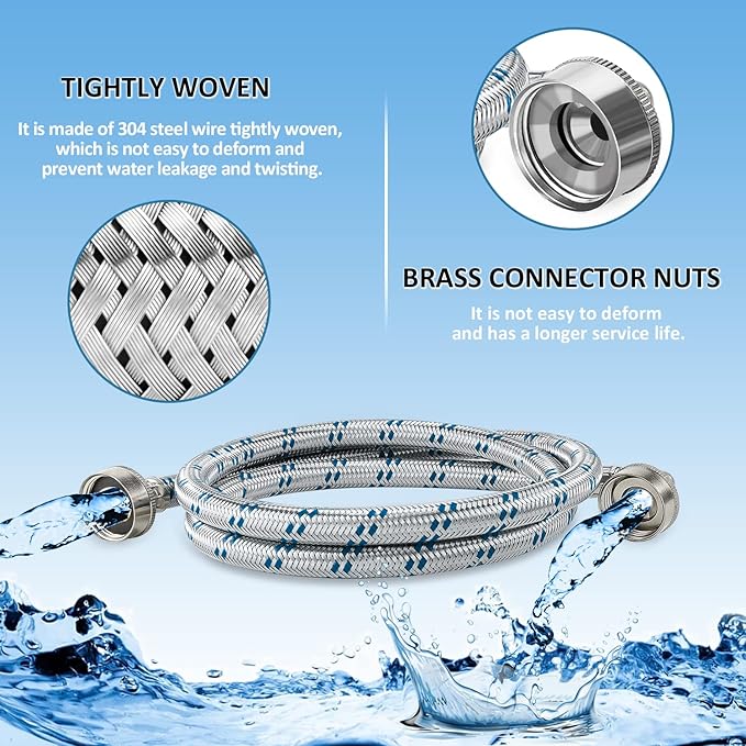 Cenipar Washing Machine Hoses 6 feet Premium Stainless Steel with 90 Degree Elbow, Burst Proof (cost-effective 2 pack) Red and Blue Striped Water Connection Inlet Supply Lines