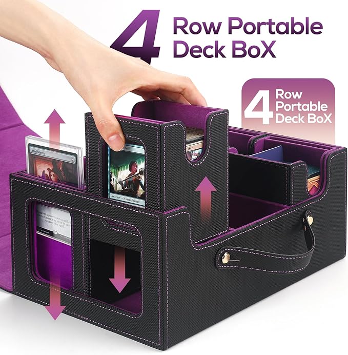 Trading Card Storage Box for MTG, MTG commander deck box，Multi-purpose Deck Case for MTG TCG Sports Card, 4 Toploaders, 4 Stoppers, 4 Colorful Dividers (Black & Purple)