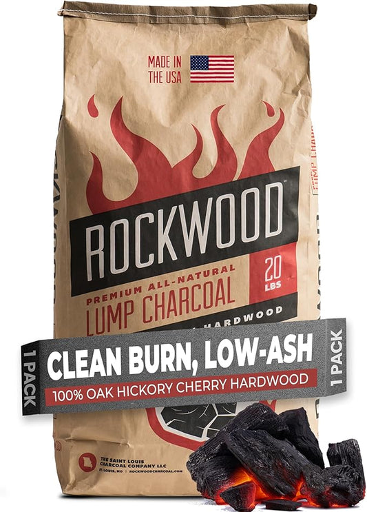 Rockwood Natural Lump Charcoal – Oak, Hickory & Cherry Hardwood Blend for Barbecue Smoking, High-Heat Grilling, & Outdoor Cooking – Clean Burning, Ideal for Kettle & Kamado Grills – 20lbs (1 pack)