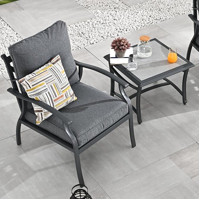 Patio Bistro Set 3 Pieces Metal Outdoor Furniture Sets Metal Patio Chairs with Side Table Dark Grey Thick Cushions Galvanized Steel Frame