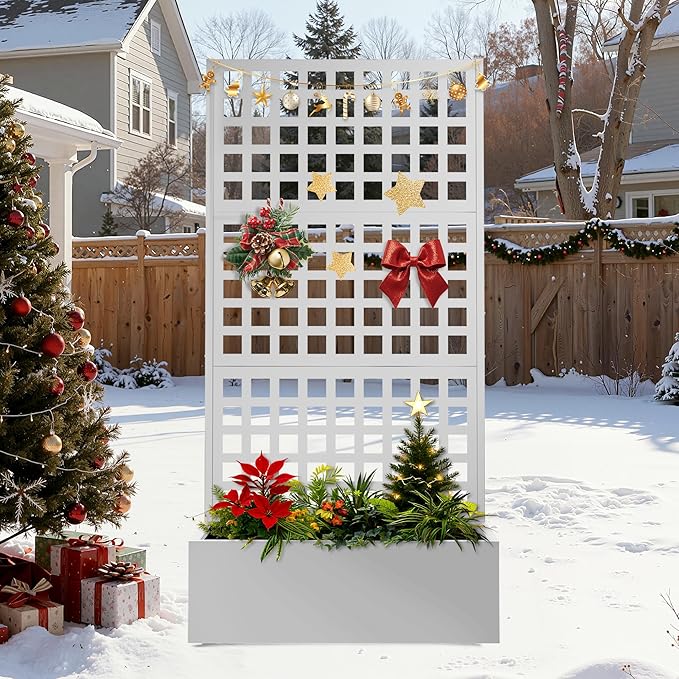 FENCY Metal Raised Garden Bed with Trellis, Planter Box with Trellis, Garden Box for Climbing Plants Vegetable, 35''Lx16''Wx71''H Metal Garden Bed with Drainage Holes(White)