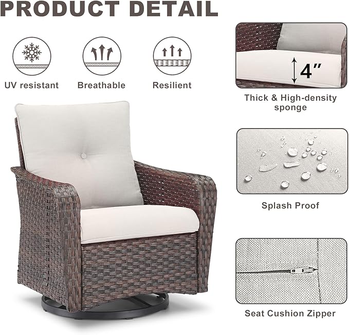Rilyson Outdoor Patio Swivel Rocker Chairs - 2 PC Wicker Rattan Patio Rocker Glider Chair Set with High Back,Comfy Cushions and Deep Seating for Porch Deck Backyard Garden(Brown/Beige)