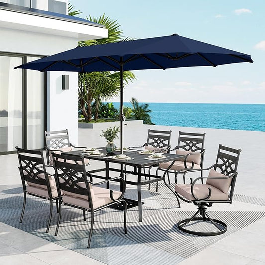 MFSTUDIO Outdoor Dining Set with Umbrella, Patio Dining Set doe 6 Persons, Patio Furniture Set with Umbrella for Deck Poolside Backyard Garden, Navy Umbrella (Umbrella Base Not Included)