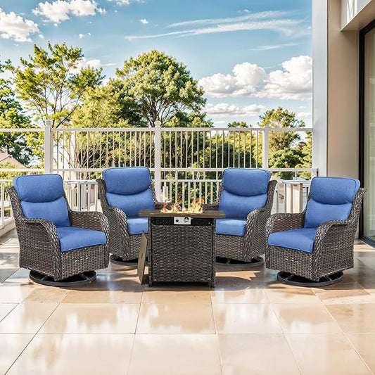 Outdoor Swivel Rocker Patio Chairs Set of 4 with Fire Table - 5" Thick Cushion 5 Piece Furniture Set with Fire Pit Table All Weather Wicker Conversation Set for Porch Deck - Brown/Blue