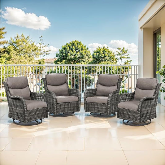 Outdoor Swivel Rocker Patio Chairs Set of 4-5" Thick Cushion 4 Piece Furniture Set All Weather Comfortable Wicker Conversation Set for Porch Poolside and Deck - Gray/Gray