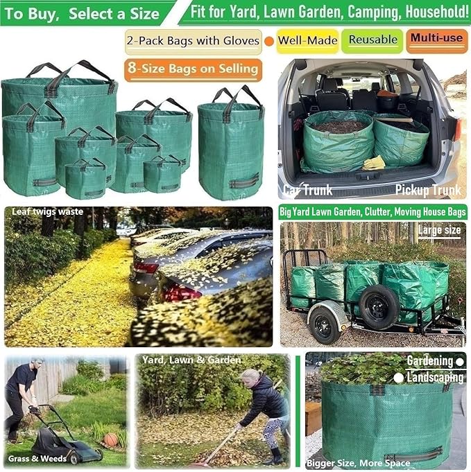 Professional 2-Pack 137 Gallon Lawn Garden Bags Large (D34,H34 inch) Yard Waste Bags W/Gardening Gloves,Big Leaf Bag,Yard Debris,Waste Container,Lawn Trash Bin,Grass Clippings Bag,Weed Bags 4 Handles