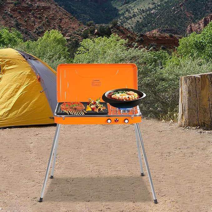 Dual Burner Camping Stove, 5860BTU*2 Portable Outdoor Gas Grill, Propane BBQ Cooker Tabletop Barbecue Stove with Detachable Legs & Windshield for Camping Tailgating Beach Parties and Backyard Cooking