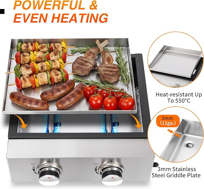 Outdoor Table top Propane Griddle with Detachable Top | Ultimate Portable Outdoor Cooking Station | Includes Stainless Steel Warming Rack for Camping, Tailgating & BBQs (2 burner)