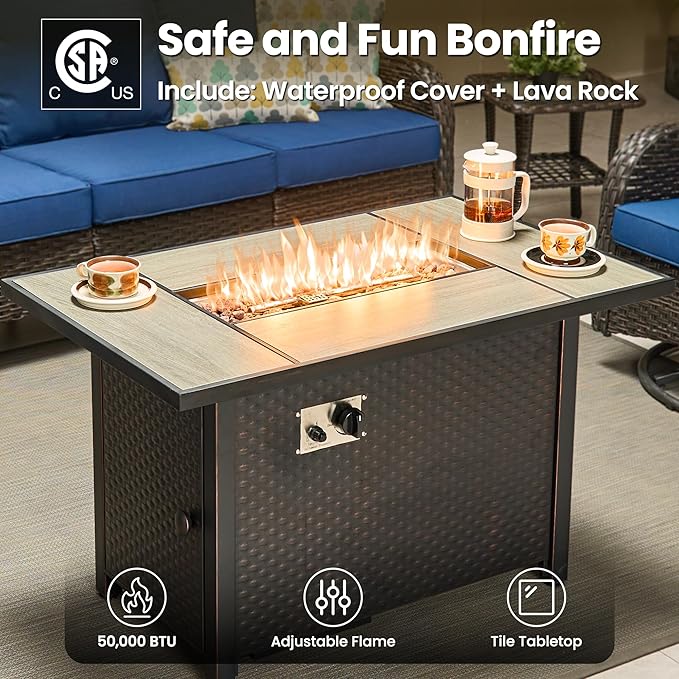 ovios 5 Pieces Patio Furniture Set, Outdoor Wicker Sofa Couch with Swivel Chairs 42" Fire Pit Table, High Back All Weather Modern Conversation Sets, Brown Rattan, Navy Blue