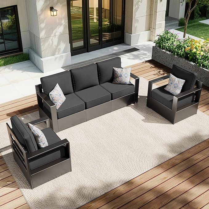 Aluminum Patio 79" Sofa Set with 2 Armchairs, All Weather Outdoor Conversation Furniture Set with Metal Armrest & 6" Water-Resistant Cushions & Furniture Covers for Deck Porch (Grey)