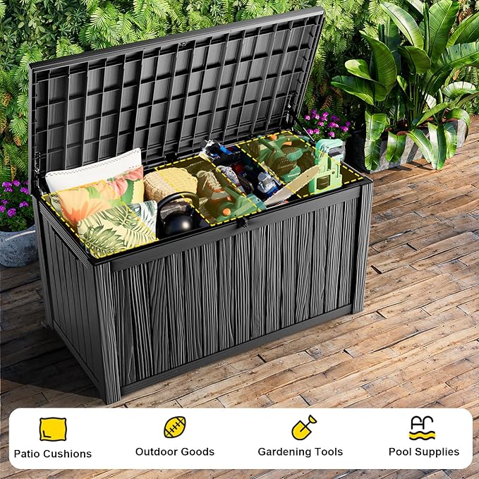 200 Gallon Waterproof Outdoor Storage Box, UV Resistant Resin Deck Box with Hydraulic Rod for Reinforced Stability, Perfect for Patio, Garden, and Pool,Black