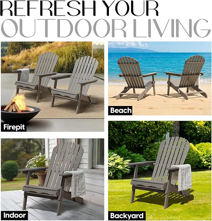 IDZO Outdoor Adirondack Chair Set of 2, Pre-Assembled Backrest, Patio Furniture Set, Outdoor Furniture for Garden, Porch, Deck, Firepit