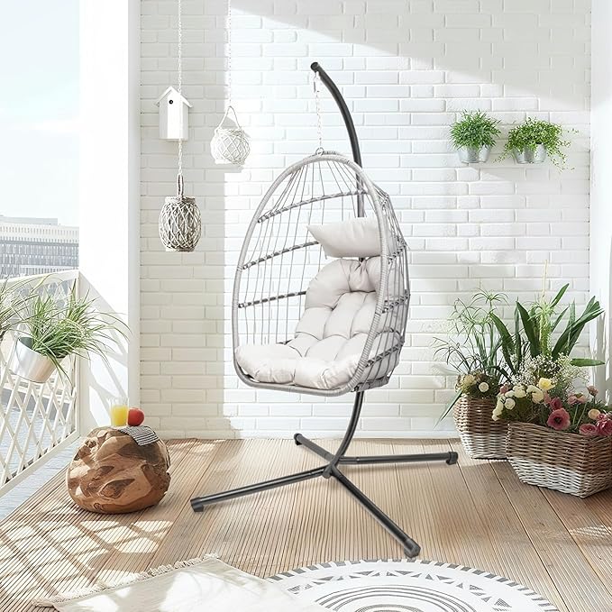 Hanging Egg Chair with Stand, Patio Wicker Hammock Egg Swing Chair with Cushion for Bedroom Garden Indoor Outdoor