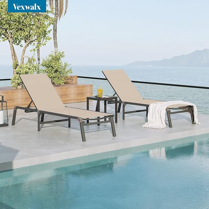 Pool Lounge Chairs Set of 2, Foldable Aluminum Chaise Lounge Outdoor with 5 Positions Recliner - Free Assembly - Patio Chaise Lounge Chair for Poolside, Beach, Yard (Khaki, 2 Pack)
