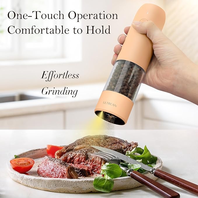 Ultrean Electric Pepper Grinder, Rechargeable Salt and Pepper Grinder with 6 Adjustable Coarseness, LED Light, One-Hand Automatic Operation, Light Orange