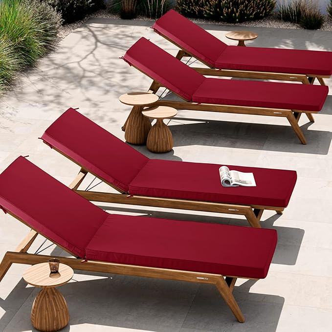 Outdoor Chaise Lounge Cushion Set of 2, Fadesafe Water-Repellent Lounge Deck Reclining Chair Cushions for Patio Furniture Lawn Pool Resort Hotel, 80x26x3 Inch, Burgundy